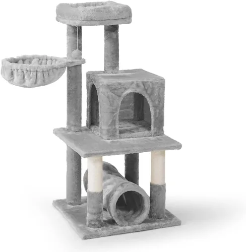 Vista 17 de BOWHAUS Árbol alto para gatos grandes o gatitos de interior, árbol de actividades para gatos de varios niveles con postes rascadores, hamaca