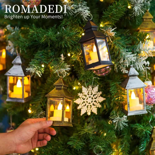 Vista 6 de Romadedi Mini Linternas Decorativas para Centro de Mesa - 10 Piezas de Linternas Pequeñas Negras Colgantes a Granel con Velas LED Parpadeantes