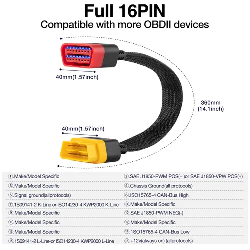 Vista 2 de LAUNCH Cable de Extensión OBD2 Completo de 16 Pines Macho a Hembra OBDII, Cable Extensor de Diagnóstico para Automóvil, Conector Reforzado de Nylon