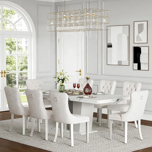 Vista 57 de Henf Juego de mesa de comedor extensible de 5 piezas para 4, mesa de cocina de imitación de mármol de 63"-79" con 4 sillas negras, juego de mesa