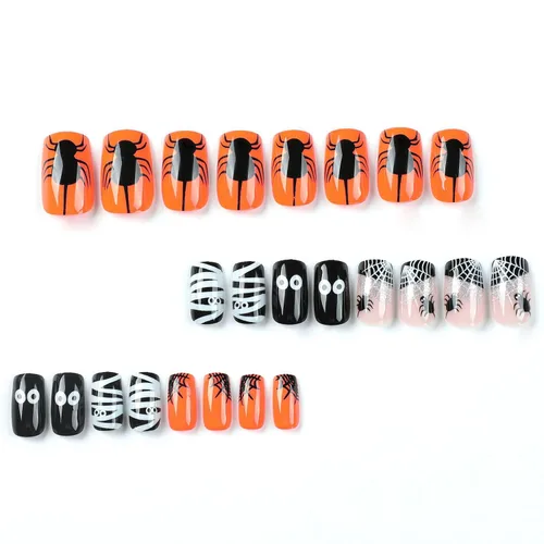 Vista 4 de 24 uñas postizas cuadradas a presión de longitud media para Halloween con diseño de telaraña, bonitos globos oculares, uñas postizas con pegamento