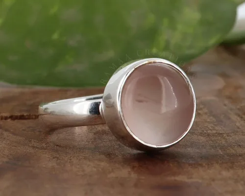 Vista 4 de Anillo de plata de cuarzo rosa Anillo de cuarzo rosa redondo natural Plata de ley 925 Joyería hecha a mano