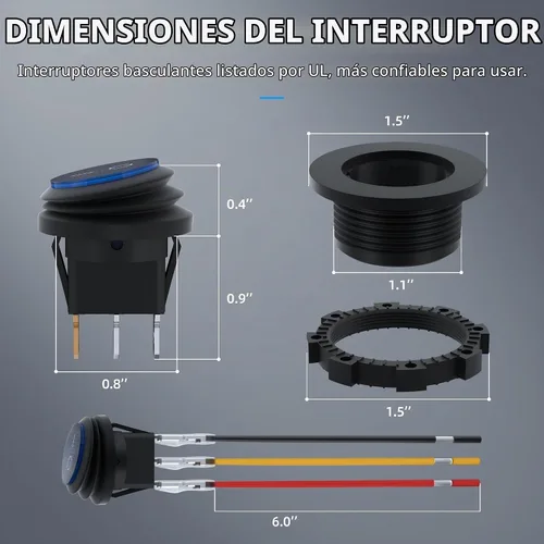 Vista 2 de DaierTek Interruptor basculante redondo impermeable con certificación UL con carcasa de 12 V, interruptor de palanca basculante LED azul iluminado