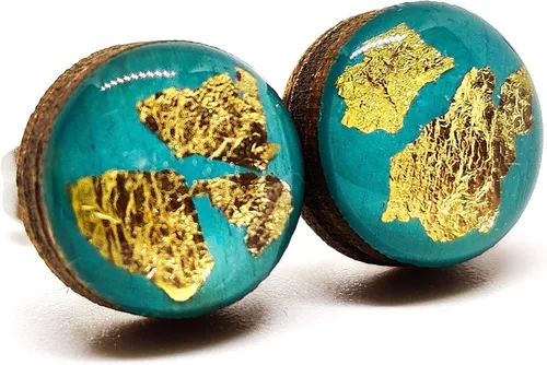 Vista 3 de Gold Flakes 10mm Stud Earrings, Handmade, Posts for Sensitive Ears (Turquoise with Gold Flakes)