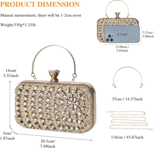 Vista 3 de UBORSE Bolso de mano de cristal de pavo real para mujer, bolsos de noche, con diamantes de imitación formales, con purpurina, para boda, novia