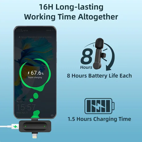 Vista 4 de Micrófono Lavalier inalámbrico para iPhone, Android y iPad, mini micrófono de teléfono con cancelación de ruido, USB C, micrófono de solapa Lav