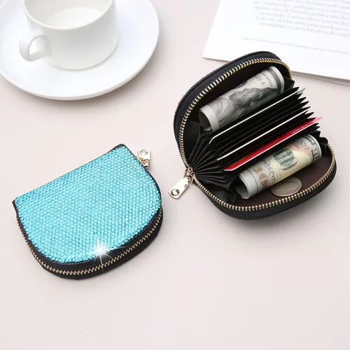 Vista 17 de AsAlways RFID Rhinestone titular de la tarjeta de crédito semicírculo multicapa cremallera caso Bling Crystal Slim pequeña cartera para mujeres