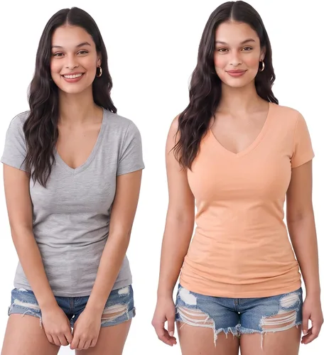 Vista 123 de Emmalise Camiseta de manga corta para mujer, cuello en V, tallas junior y plus