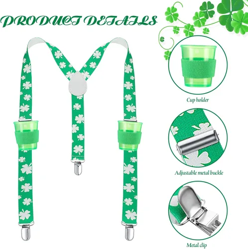 Vista 3 de Geyoga 3 juegos de tirantes verdes para el día de San Patricio tirantes elásticos ajustables para hombre con clips trébol con copas y alfileres