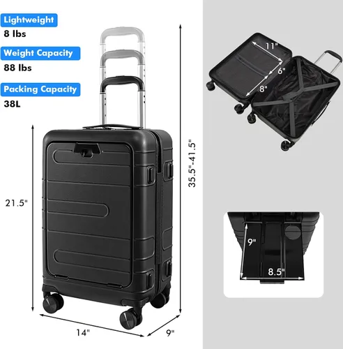 Vista 5 de S AFSTAR Safstar - Equipaje de 20 pulgadas, equipaje de mano de aluminio con bloqueo TSA, bolsillo frontal, mango de 4 niveles, puerto de carga USB