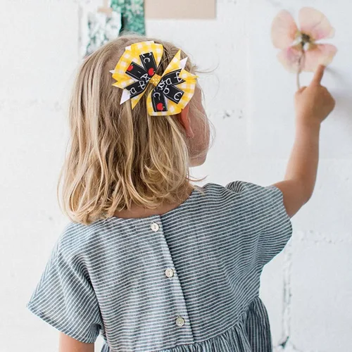 Vista 5 de 3 pinzas para el pelo con lazo para el regreso a clases, pinzas de cocodrilo coloridas para el primer día de escuela, niños pequeños, alumnos