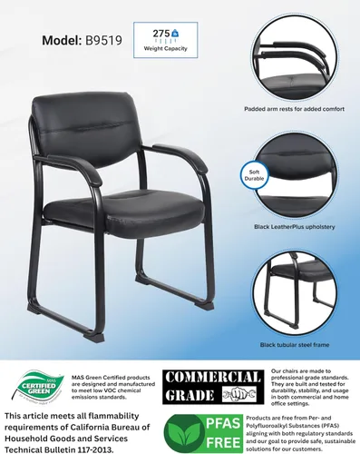 Vista 4 de Boss Office Products Silla lateral con base de trineo de cuero con brazos en negro