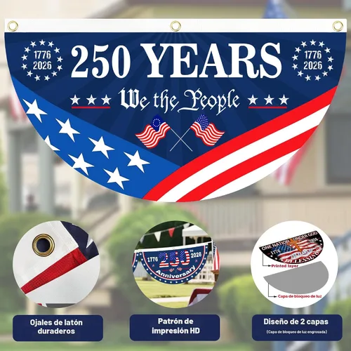 Vista 4 de 2 banderas de Estados Unidos con el número 250 aniversario, banderas de abanico 1776-2026 de 1.5 x 3 pies, bandera de aniversario de 250 años
