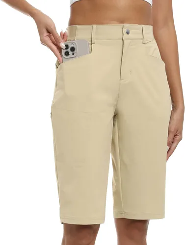 Vista 2 de MoFiz Women 13" Slim Fit Cargo Hiking Shorts Knee Length Elastic Waistband Women Golf Shorts with Right Thigh Zip Pocket