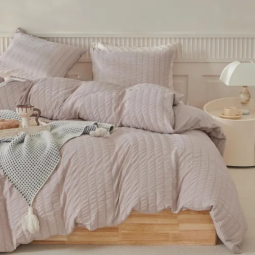 Vista 12 de WARMDERN - Juego de funda de edredón tamaño Queen, juego de ropa de cama de 3 piezas de microfibra lavada color beige, funda de edredón con textura