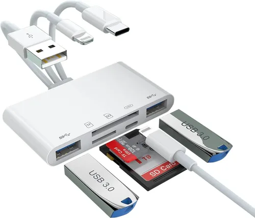 Vista 7 de [Certificado MFi de Apple] Lector de tarjetas SD para iPhone, lector SD 4 en 1 con doble ranura para MicroSD/TF, tarjeta de memoria de fotografía
