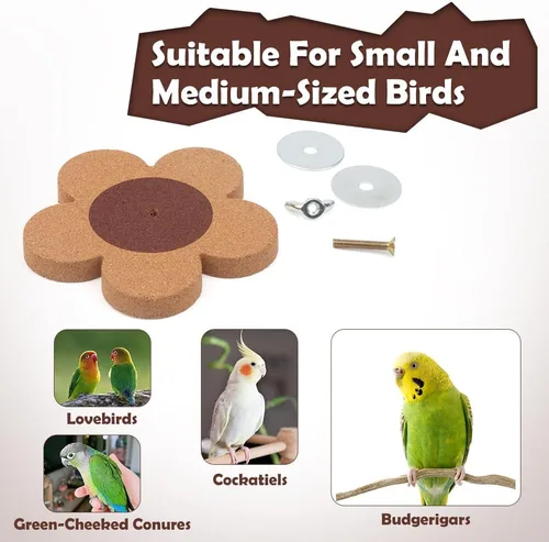 Vista 6 de Juguete masticable de corcho con forma de flor de 3 piezas con spinner, 2 piezas de repuesto, juguete de loro de madera natural para pájaros