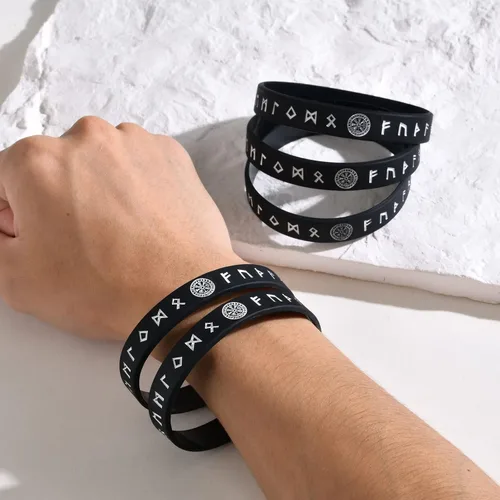 Vista 7 de MEALGUET 5 pulseras vikingas para hombre pulsera vikinga nórdica negra para hombres y mujeres, banda de goma de silicona de ajuste cómodo, joyería