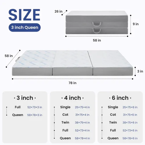 Vista 2 de Colchón plegable tamaño Queen, colchón plegable de espuma viscoelástica de 3 pulgadas, colchón triple con funda transpirable y lavable, colchón