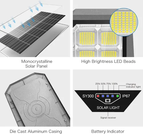 Vista 3 de Farolas solares para exteriores, luces de inundación solares de 4600 W, IP67, impermeables, 6500 K, 504 LED, luz de seguridad comercial con control