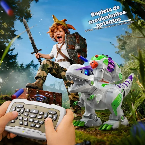 Vista 6 de Ruko 8809 Juguetes de dinosaurio para niños, gran T-Rex de control remoto recargable, con funciones programables, camina, ruge, ojos LED y disparo