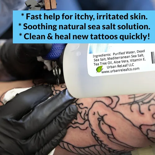 Vista 2 de Urban ReLeaf Solución para tatuajes. Cuidado posterior de sal marina natural. Limpia nuevos tatuajes de forma segura. Ayuda a que la piel y la tinta