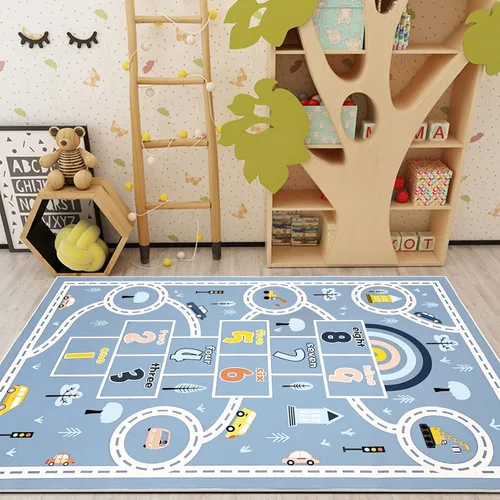 Vista 6 de Alfombra de juego para niños de 4 x 6 pies y alfombra de auto Hopscotch – Alfombra grande azul lavable para aula y preescolar para niños en edad