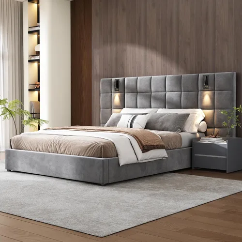 Vista 5 de Base de cama tamaño King con cabecero de 46 pulgadas de alto, plataforma tapizada de terciopelo, cabecera de tela suave copetuda, lámparas