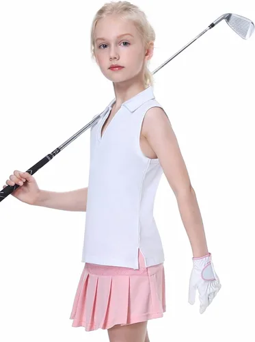 Vista 2 de EXARUS Camisetas polo de golf para niñas, sin mangas, cuello en V, tenis, atléticas, para ejercicio escolar de 5 a 12 años
