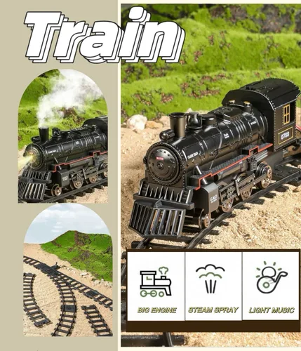Vista 2 de Mantfuty - Juego de tren de juguetes para niños con humo, luces y sonido, trenes eléctricos con locomotora de vapor, vagones de tren y pistas