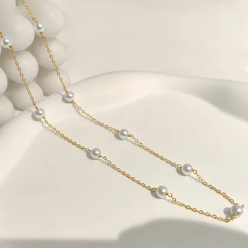 Vista 6 de Zeffy Collar de perlas de oro para mujer, delicado collar de gargantilla de perlas pequeñas chapado en oro de 18 quilates, collar de cadena