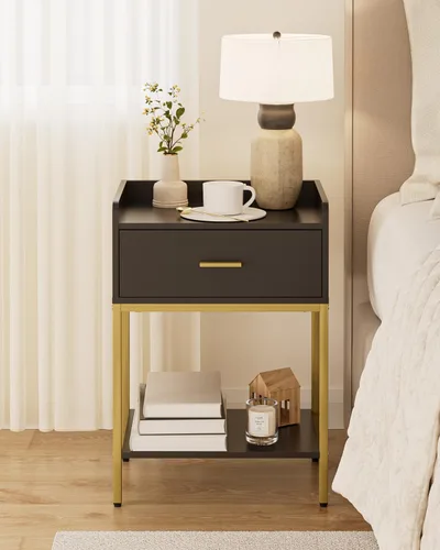 Vista 5 de Mesita de noche, mesita de noche moderna de 3 niveles, mesita de noche con cajón de almacenamiento y estante, mesa auxiliar pequeña para dormitorio