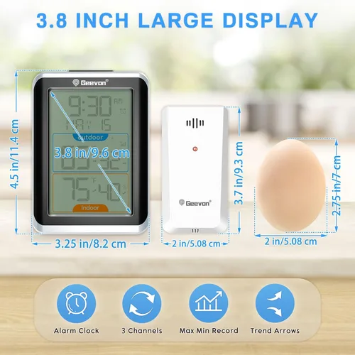 Vista 2 de Geevon Termómetro e higrómetro inalámbrico para interiores/exteriores, sensor digital de temperatura y humedad con hora, reloj, rango de 200 Negro B