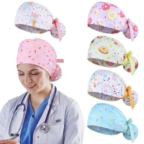 Vista 13 de 6 gorras de uniforme médico con lazo para mujer, sombreros de enfermería con botones ajustables para atar en la espalda, gorra de trabajo
