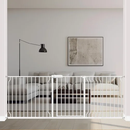 Vista 8 de ALLAIBB - Puerta de seguridad extra ancha de montaje a presión para bebés, autocierre, de metal blanco para niños, perros y mascotas, con pasillo