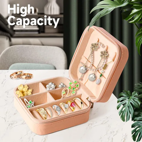 Vista 2 de Fellibay Joyero para niñas, estuche de viaje pequeño de piel sintética con cremallera, organizador portátil, caja de regalo para anillos, aretes