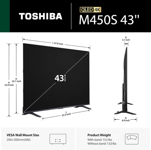 Vista 2 de TOSHIBA 43" Class M450 Series QLED 4K UHD Smart Fire TV, Voice Remote with Alexa, Stream Live TV Without Cable