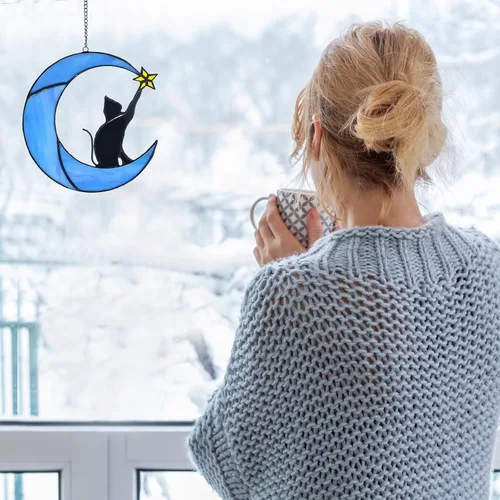 Vista 2 de COMFYROOM Atrapasoles para colgar en la ventana de vitral, regalo para amantes de los gatos para mujeres, regalos conmemorativos de gatos por