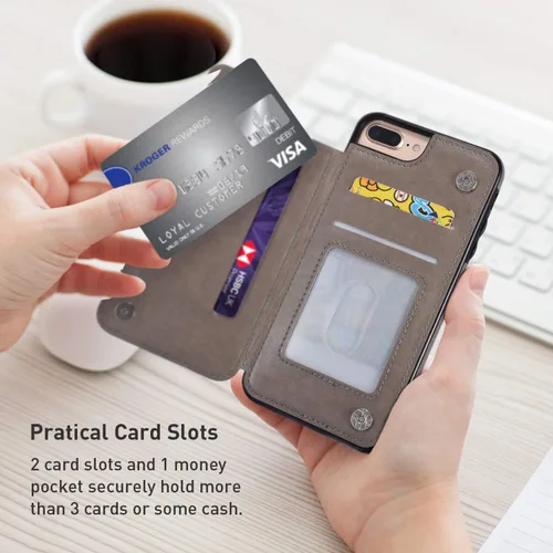 Vista 2 de UEEBAI Funda para iPhone SE 2022/7/8/SE 2020, funda de piel sintética con cierre magnético, ranuras para tarjetas, función de soporte