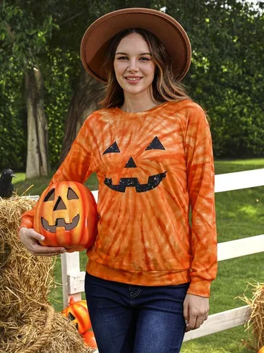 Vista 3 de For G and PL Sudadera de Halloween de manga larga con cuello redondo y calabaza para mujer