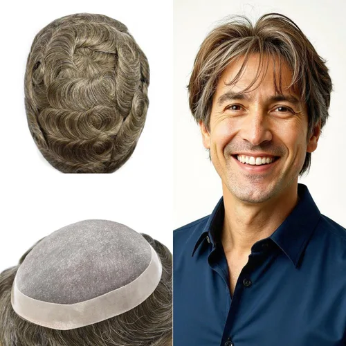 Vista 19 de Toupee de cabello humano fino mono revestido de poliéster para hombre, postizo de monofilamento duradero NPU monofilamento tupé para hombres