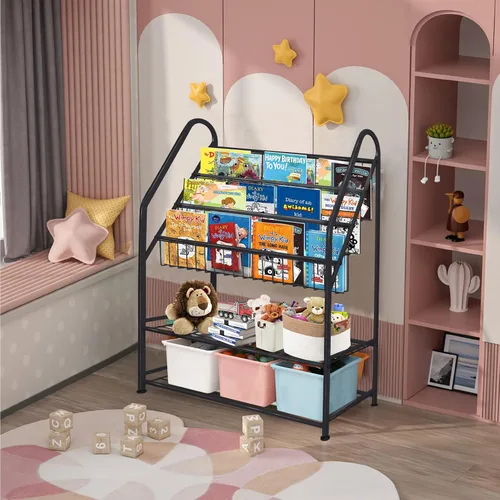Vista 4 de aboxoo Estantería de metal para niños, grande, independiente, para habitación de los niños, organizador de juguetes de 32 pulgadas, estantería