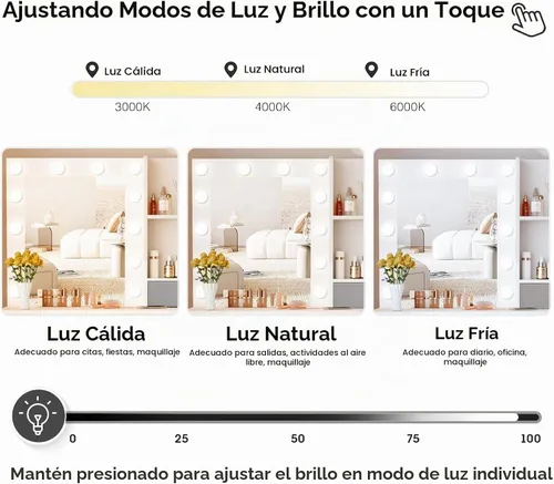 Vista 5 de Fameill Tocador de maquillaje con luces, escritorio de tocador de 37 pulgadas con espejo y luces, 4 cajones, 3 modos de iluminación, brillo