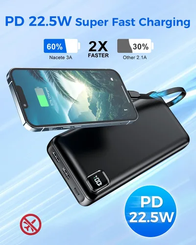 Vista 2 de Cargador Portátil Power Bank 50,000 mAh Cargador Portátil para Teléfono, Powerbank de Carga Rápida PD 22.5W, Cable Integrado, 5 Salidas 3 Entradas