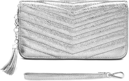 Vista 9 de befen Cartera acolchada de cuero genuino para mujer, con cremallera RFID alrededor de diseñador, cartera