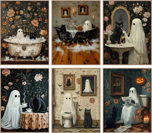 Vista 8 de Póster de Halloween de fantasmas de baño, arte de pared, fantasmas de terror y gato negro en el baño, imágenes retro de terror espeluznante oscuro