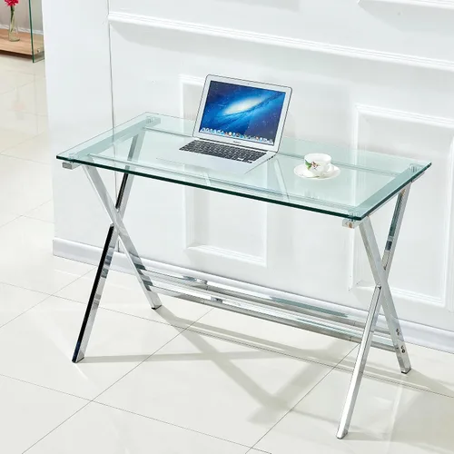 Vista 3 de Escritorio para computadora de vidrio templado, escritorio de estudio moderno para estudiantes, escritorio de computadora pequeño, escritorio