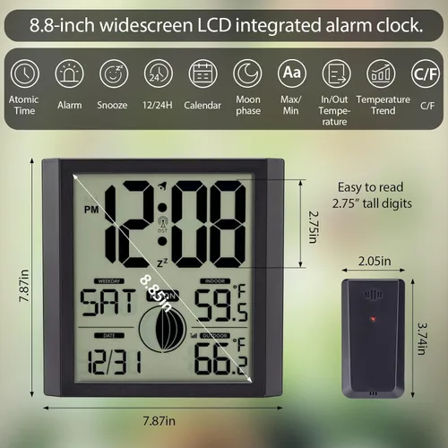 Vista 5 de Reloj de pared atómico con pantalla de números grandes para interiores y exteriores Wall Clock Battery Operated, Alarm