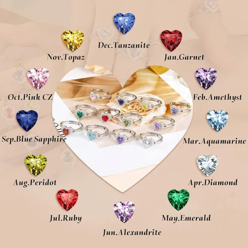 Vista 4 de Anillos de plata de ley S925 con piedra natal para mujer, anillo de compromiso ajustable para esposa, mamá, hija, joyería de cumpleaños, boda