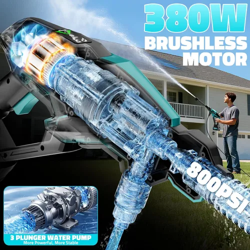 Vista 2 de Lavadora a presión inalámbrica alimentada por batería, lavadora a presión portátil de mano de 800 PSI con motor sin escobillas, 1 batería y cargador